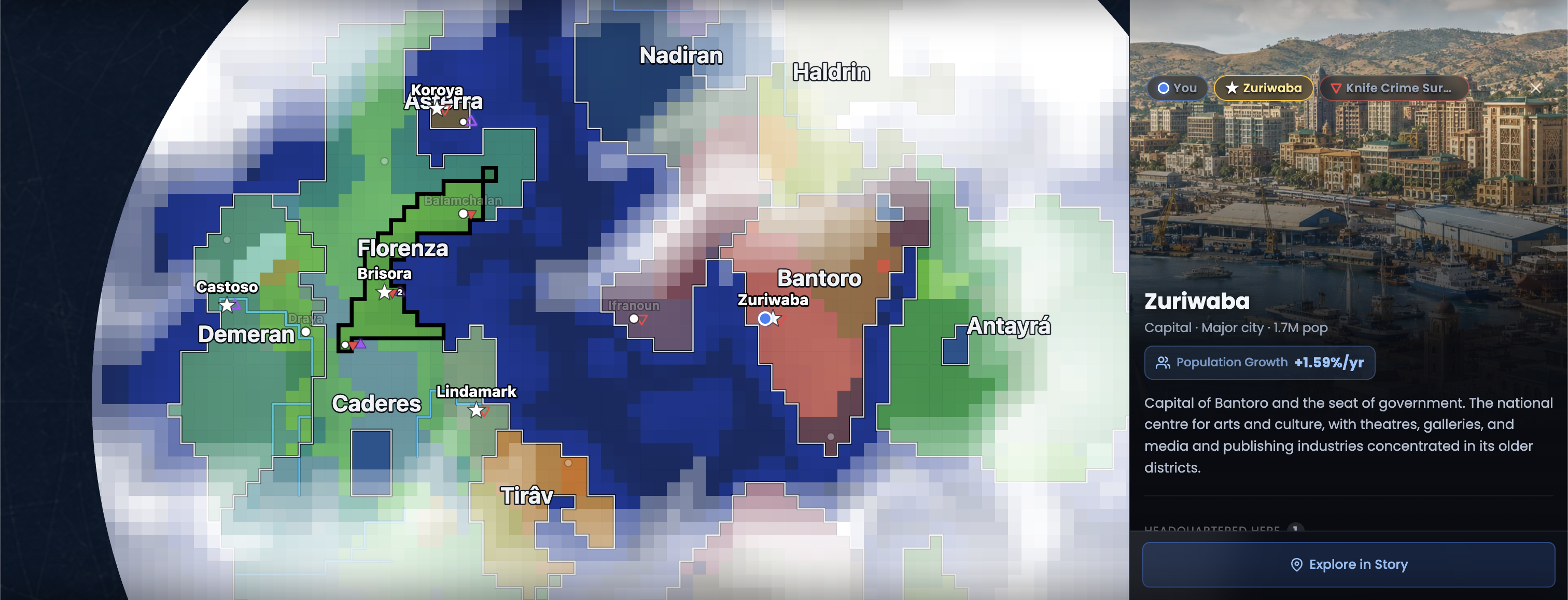 Bantoro and surrounding countries, with the capital city Zuriwaba open.